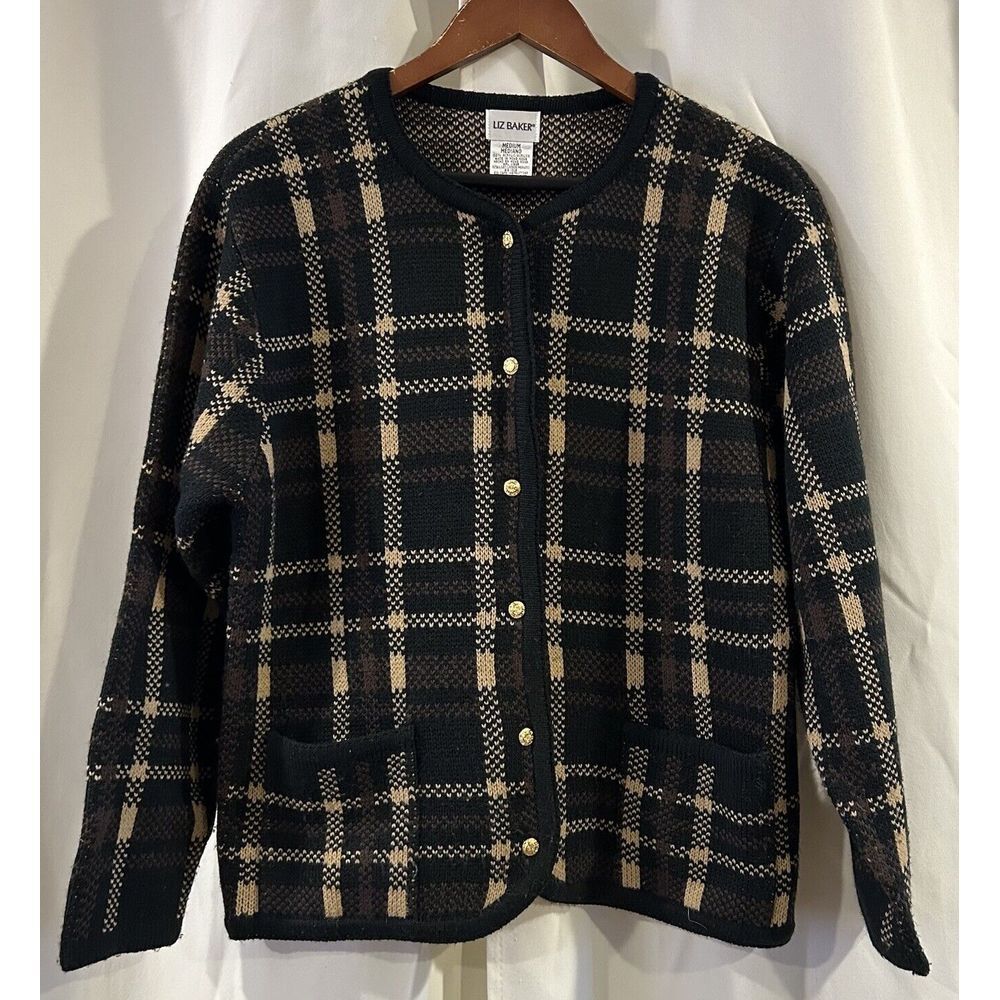 Liz Baker Black Brown Plaid‎ Size Medium Buttondown Sweater Cardigan